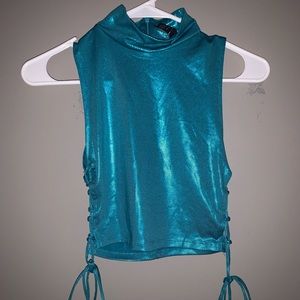 Teal Metallic Lace Up Crop Top